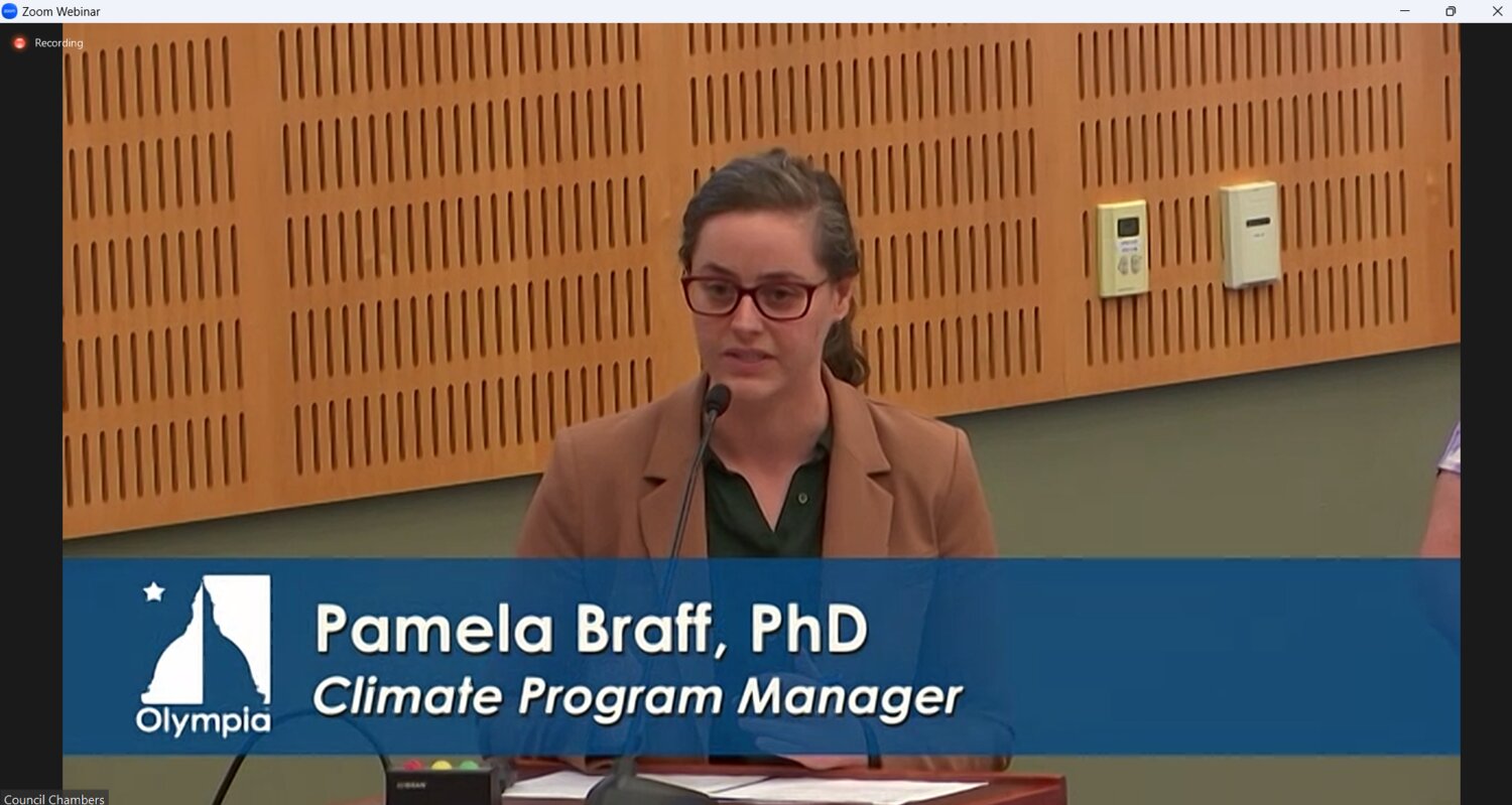 The Olympia City Council approved an ordinance focused on electric vehicle requirements on Tuesday, August 8, 2023. Shown is Dr. Pamela Braff, Olympia's Climate Programs director.